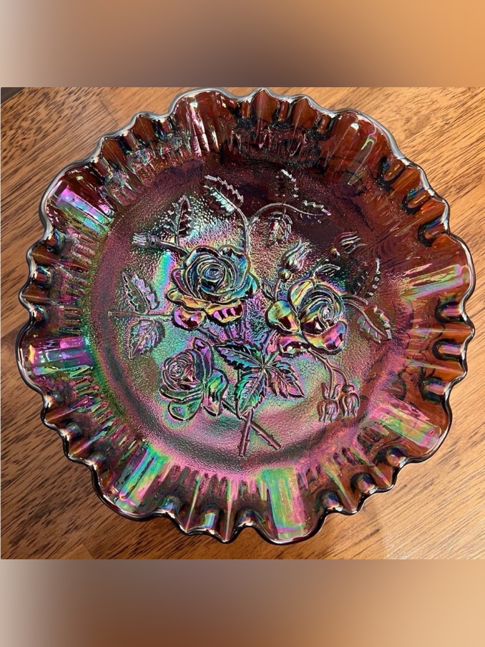 Vibrant 1910’s Imperial Glass Open Rose Carnival Bowl Footed Ruffled Amethyst